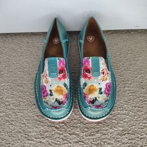 Ariat Teal Floral Canvas Slip-On Loafers with Pink and Yellow Accents